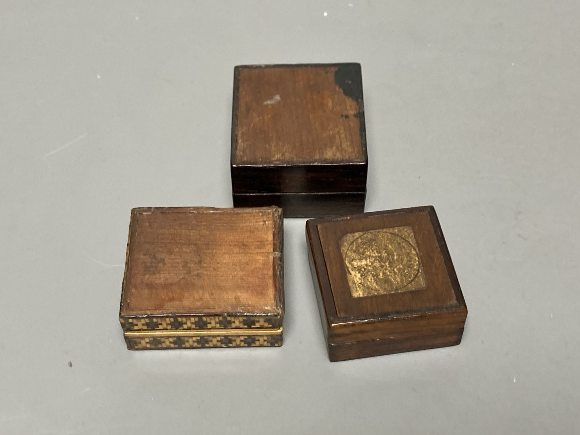 Three Victorian Tunbridge ware stamp boxes, late 19th century